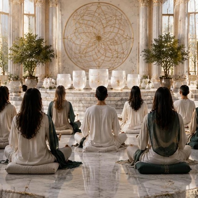 Illustrative team meditation in a sound sanctuary