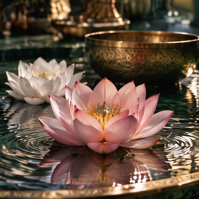 Pink lotus beside a brass bowl on water