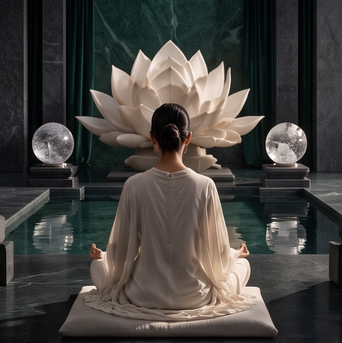 Illustrative meditation beside a sculptural lotus