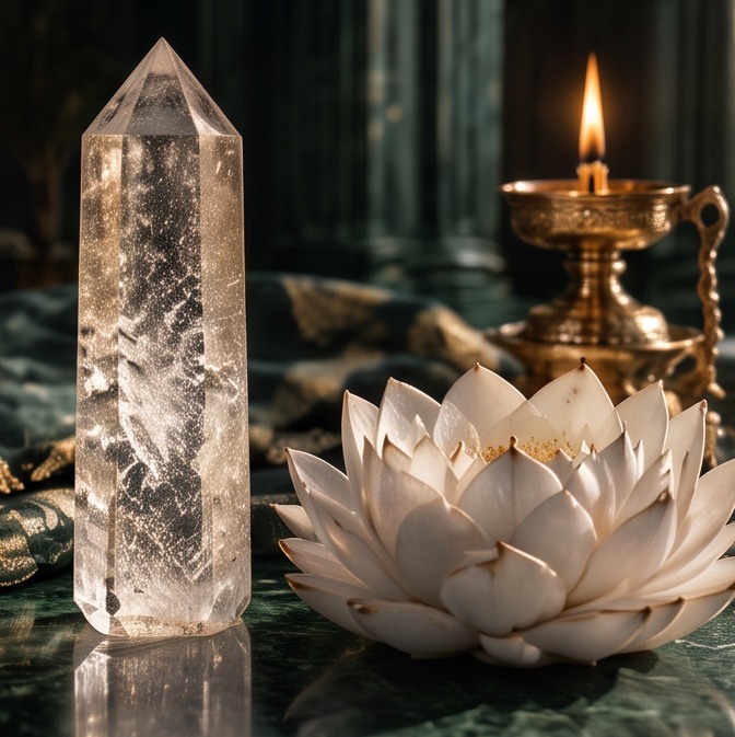 Clear quartz, lotus and a ritual candle