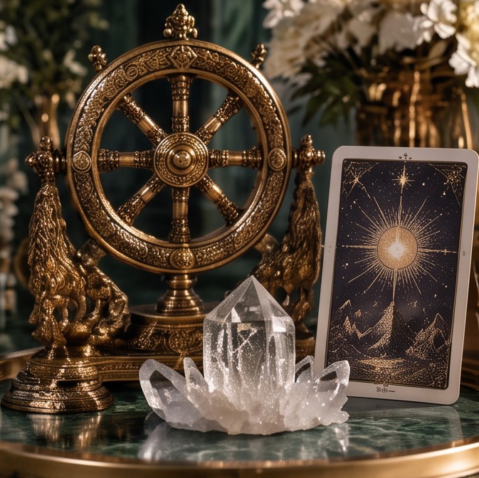 Tarot symbolism with a brass ritual wheel