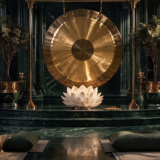 Golden gong with a singing bowl and lotus